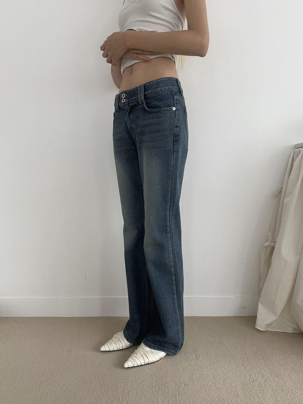 雙扣刷色直筒喇叭牛仔褲